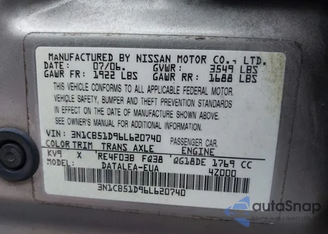 2006 Nissan Sentra 1.8S from USA, damaged, VIN 3N1CB51D96L620740
